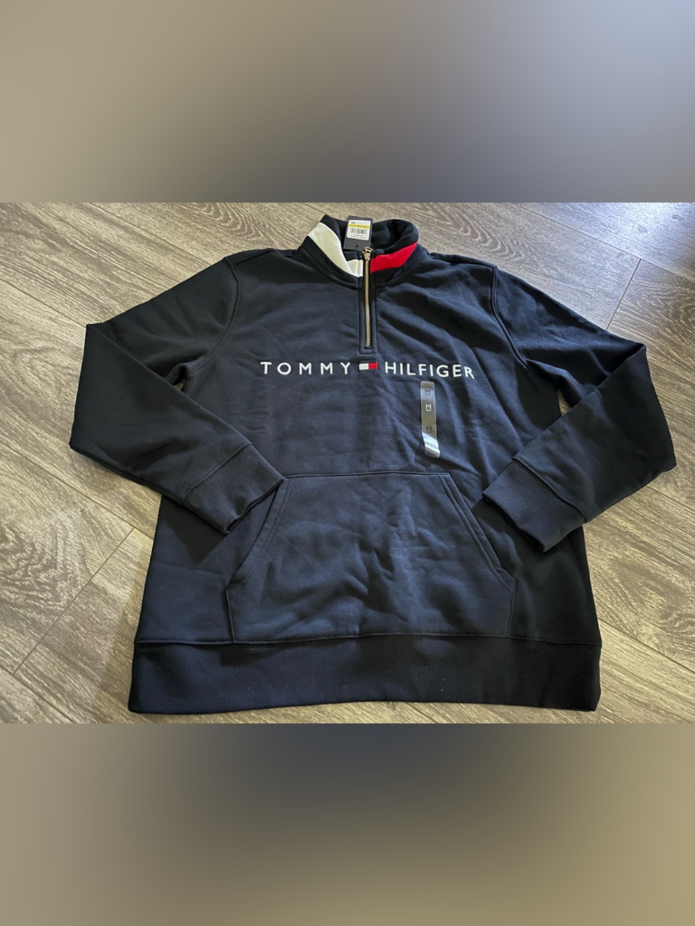 Tommy Hilfiger Navy Half-Zip Pullover with Red & White Collar Accents